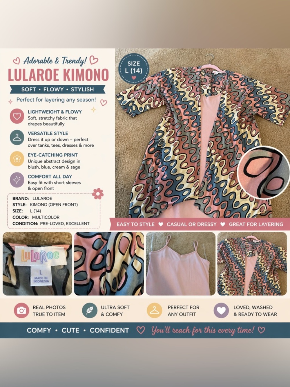 LuLaRoe Multicolor Abstract Open-Front Kimono with Pink tank dress Bundle